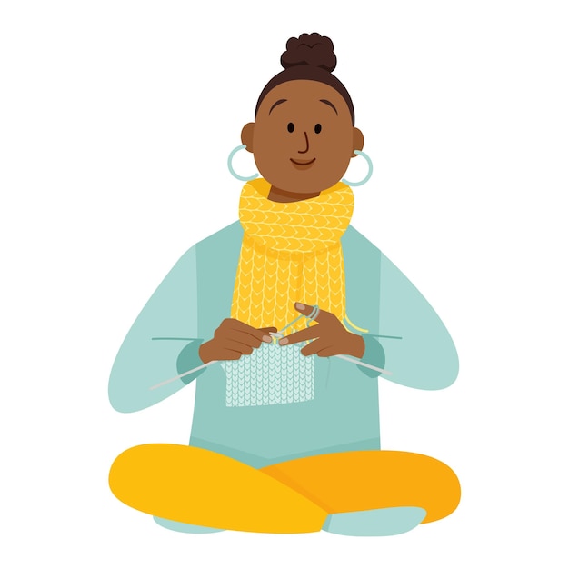 Vector young darkskinned woman in a scarf knits with knitting needles