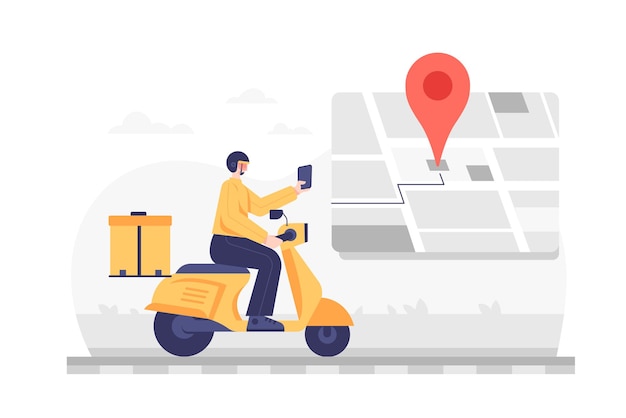 Young Delivery man riding motorcycle and use smartphone searching address on application map, cartoon character, vector illustration