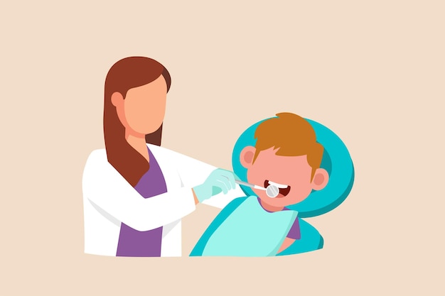 Молодой дантист женщина делает осмотр пациенту счастливый ребенок идет к стоматологу концепция стоматолога цветная плоская векторная иллюстрация