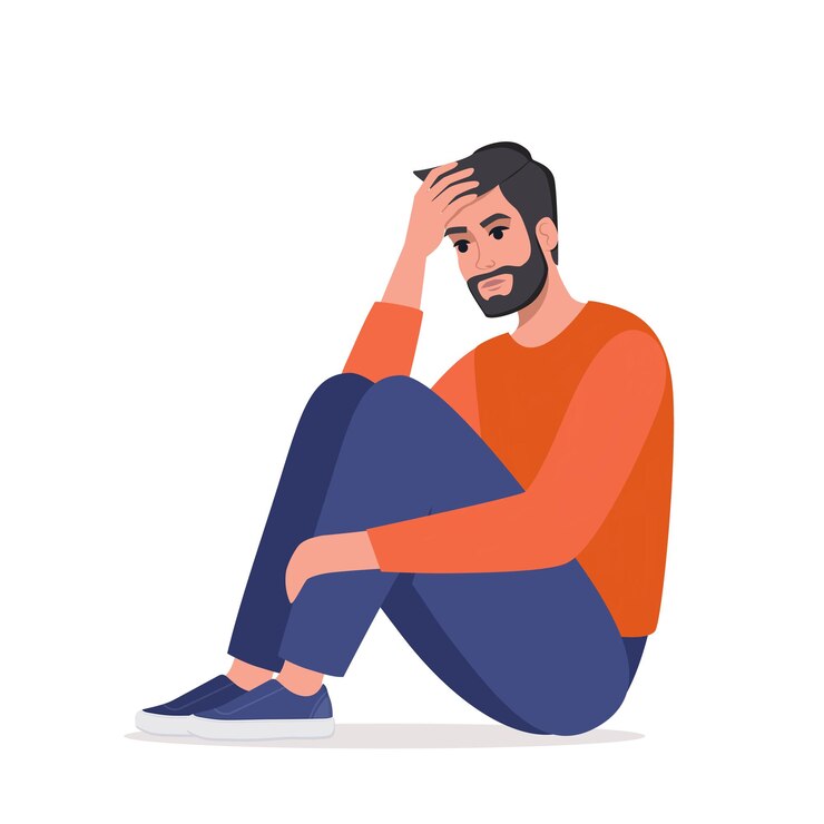 Vector young depressed man sitting alone hugging his knees concept of depression mental health