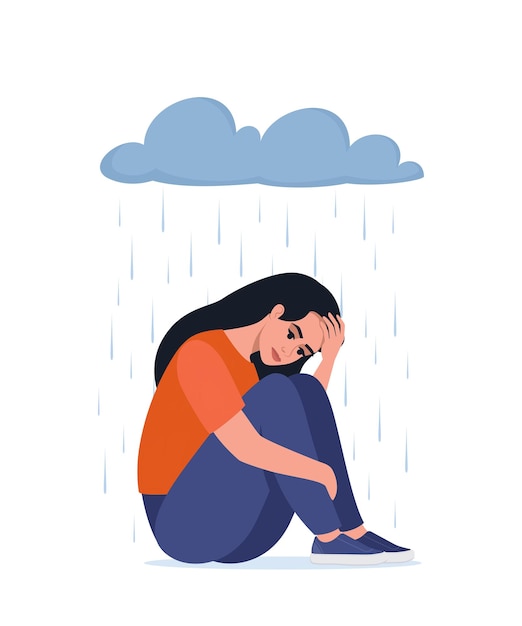 Vector young depressed woman sitting under metaphoric rainy cloud lonely sad female hugging her knees