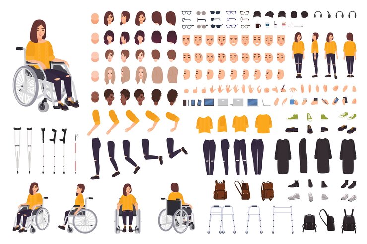  Young disabled woman in wheelchair constructor or diy kit. set of body parts, facial expressions, c