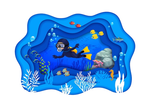 Young diver on cartoon tropical sea paper cut landscape exploring the underwater world surrounded by colorful fish shoals and coral reefs 3d vector papercut art for diving activity and recreation