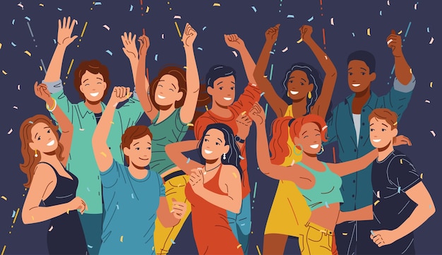 Young diverse clubbers dance enjoying party flat cartoon art
