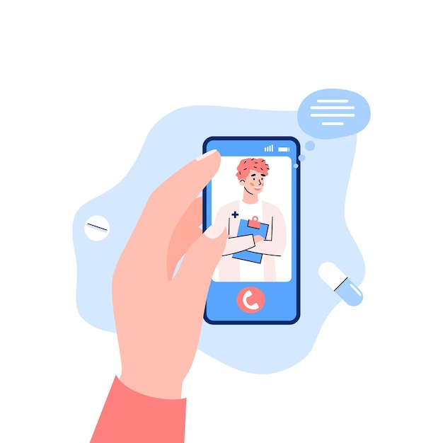 Молодой врач на экране мобильного телефона плоский мультфильм векторные иллюстрации изолированы