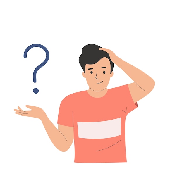 Vector young doubting man with question mark flat style cartoon vector illustration