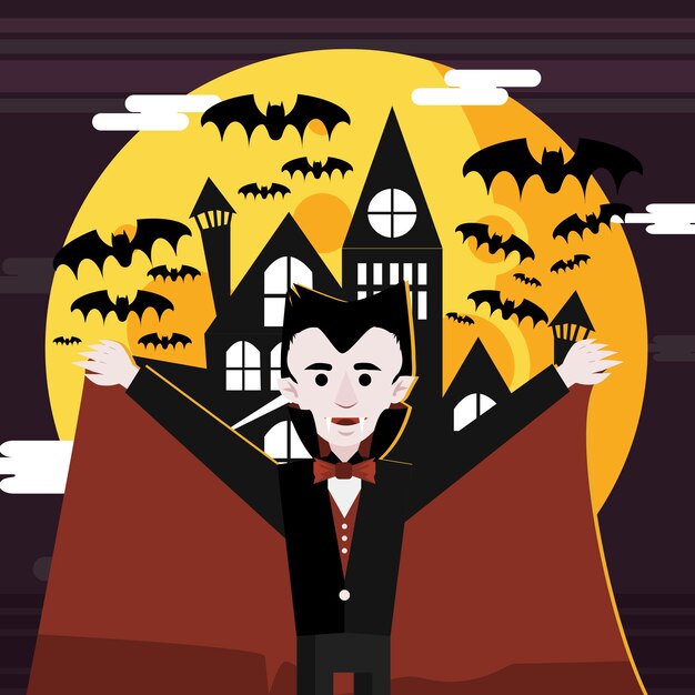 Young Dracula under the moonlight release his bats