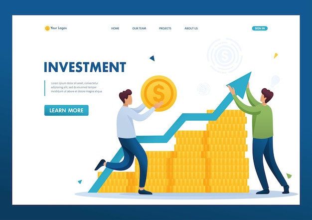 Young entrepreneur invests money in a profitable business partner flat 2d character landing page concepts and web design