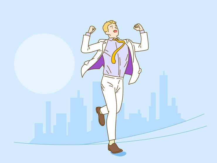 A young entrepreneur races to the finish line with a victory pose