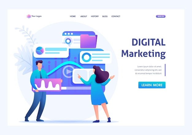 Vector young entrepreneurs insist data for digital marketing advertising on the internet flat 2d character landing page concepts and web design