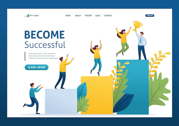 Vector young entrepreneurs start up project successful business ladder to success flat 2d character landing page concepts and web design