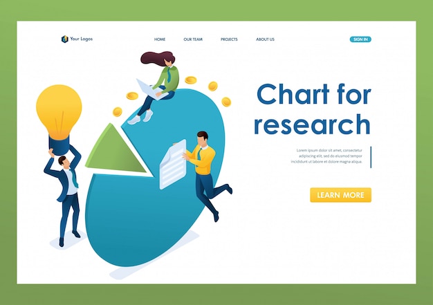 Young entrepreneurs work with charts and profit diagrams. Concept of teamwork. 3d isometric. Landing page concepts and web design