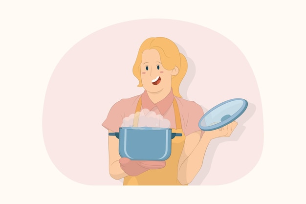 Young excited surprised chef cook baker woman hold stainless pot concept