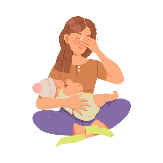 young exhausted female sitting with newborn baby on her knees vector illustration