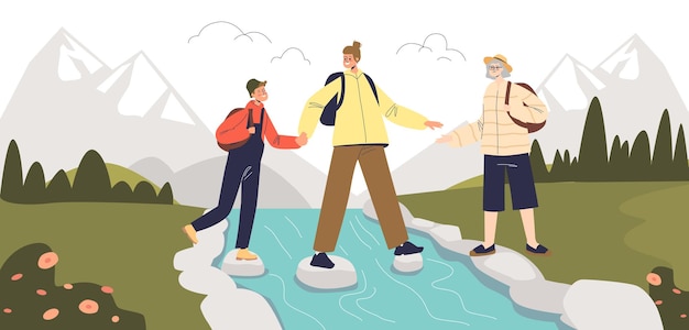 Young family on active vacation hiking in mountains together. parents and kids hikers with backpacks trekking, cross mountain river. cartoon flat vector illustration