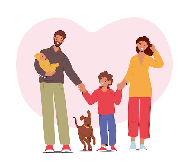 Vector young family characters children parents and pet enjoying outdoor walk bonding and spending time together