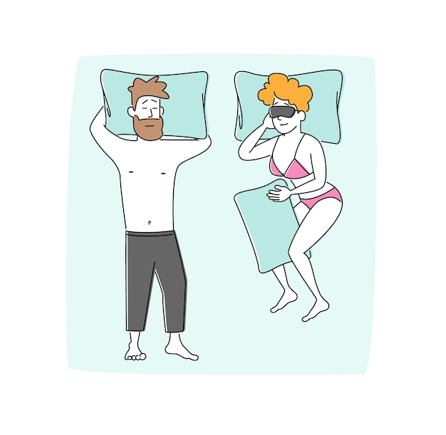 快適なベッドの上面図で眠っている若い家族カップルの男性と女性のキャラクター。パジャマを着た裸の男が頭の下に手を置いて仰向けに寝る。枕を抱き締める女性。線形の人々