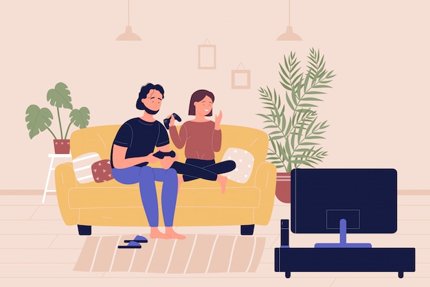 young family couple sitting on sofa playing on tv gaming console video games in living room. home leisure spare time, people resting and spending time together cartoon flat  illustration.