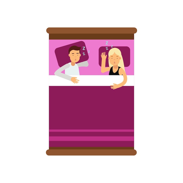 Young family couple sleeping on the bed, view from above cartoon vector illustration isolated on a white background