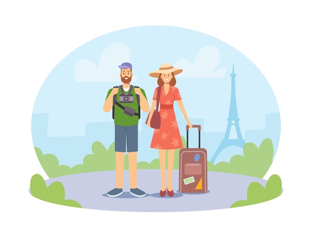 Vector young family couple traveling, male and female characters abroad with photo camera and bags. summer travel, france trip