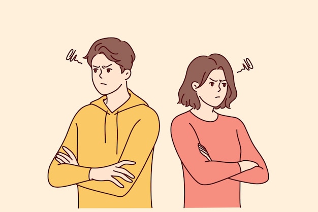 Young family man and woman stand in offended pose after quarrel or disagreement Vector image