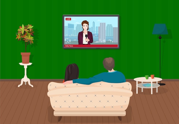 Young family man and women watching TV daily news program together in the living room illustration