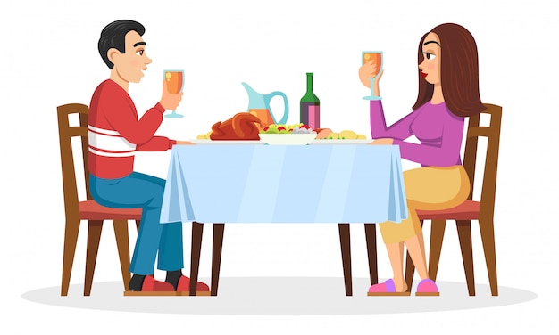 Vector young family, millenials, lovers having romantic dinner at home.