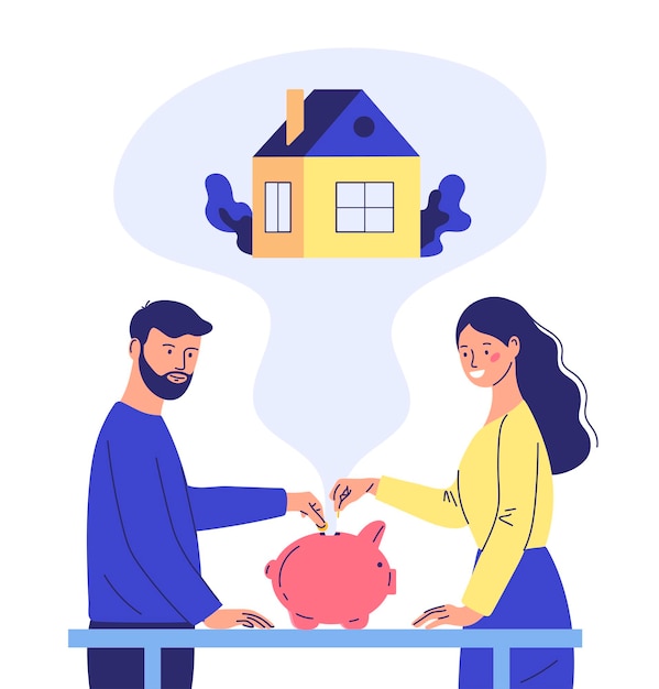 A young family throws money into a piggy bank to buy a house. home buying concept. cartoon style