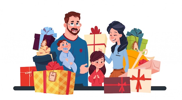 Young Family Together With Present Boxes On White Background, Parents And Children Holding Holiday