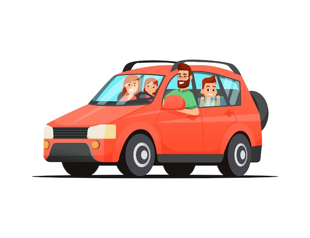 Giovane viaggio in famiglia su una macchina rossa. famiglia felice che viaggia in auto padre, madre, figlio e figlia.