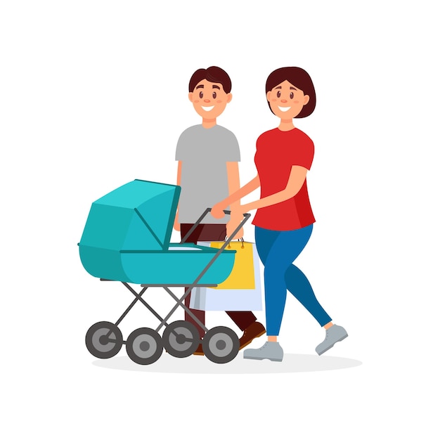 Giovane famiglia che cammina dopo lo shopping madre che spinge la carrozza con il padre del bambino che trasporta i pacchetti genitori felici personaggi dei cartoni animati disegno vettoriale piatto colorato