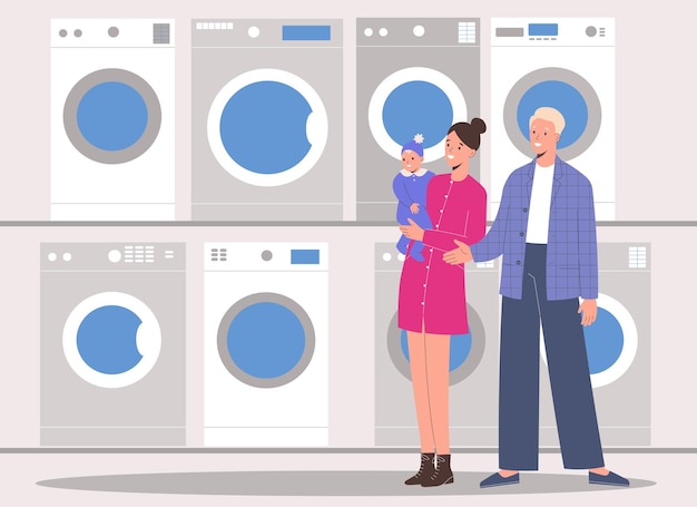 Young family will choose washing machine in a shopping center of household appliances supermarket