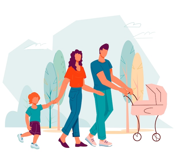 Young family with child boy and baby in stroller walking in park flat cartoon vector isolated