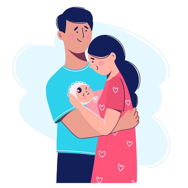 A young family with a newborn child. a woman holds a child in her arms.  illustration in flat style.