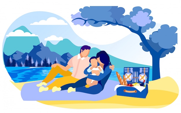 Vector young family with toddler kid on picnic in country