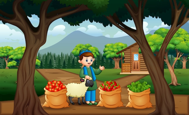 Молодой фермер с урожаем в мешке