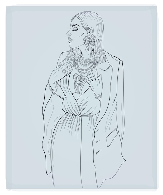 Young fashion model woman with jewelry a collection of jewelry stylized as angel wings photo shoot fashion illustration hand drawing line art sketch outline isolated vector illustration