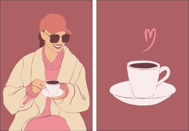 Vector young fashionable girl with a cup of coffee in a street cafe. a set of posters.