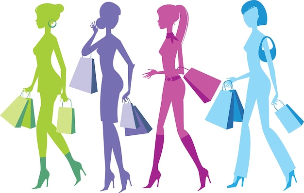 Young fashionable retro girls in colorful dresses holding shopping bags Flat vector silhouettes