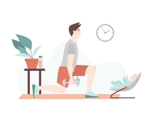 Vector young father doing fitness exercises near his newborn baby