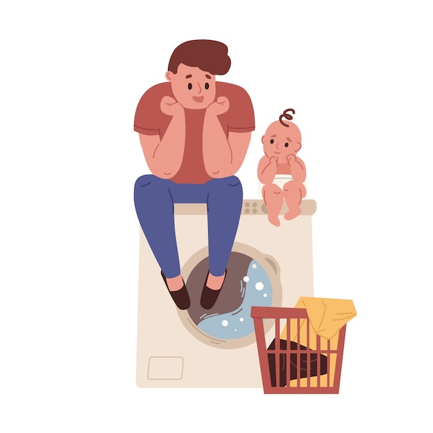 Young father doing laundry and sitting on washing machine with baby. Dad doing household chores. Housekeeping and fatherhood. Colored flat cartoon vector illustration isolated on white background.