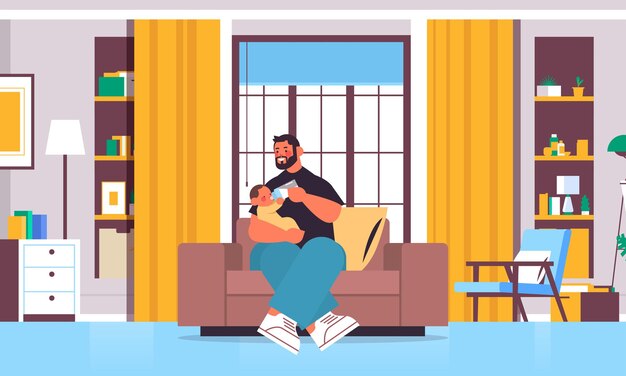 Vector young father feeding little son with milk bottle fatherhood parenting concept dad spending time with baby at home living room interior full length horizontal vector illustration