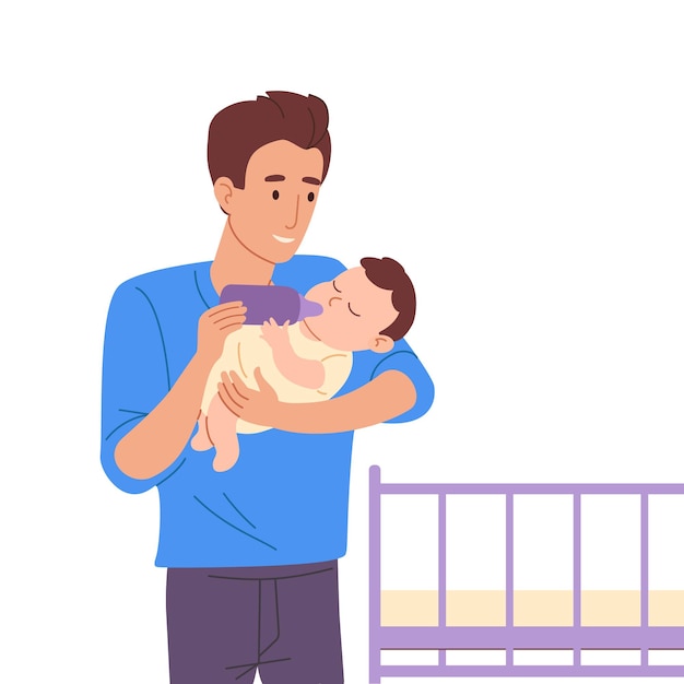 若い父親は哺乳瓶から赤ちゃんを養います
