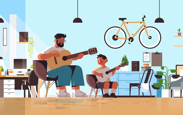 Young father teaching little son to play the guitar at home parenting fatherhood concept dad spending time with his kid living room interior full length horizontal vector illustration