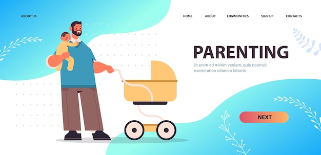 young father with little son pushing baby stroller fatherhood parenting concept dad spending time with his kid full length horizontal copy space vector illustration