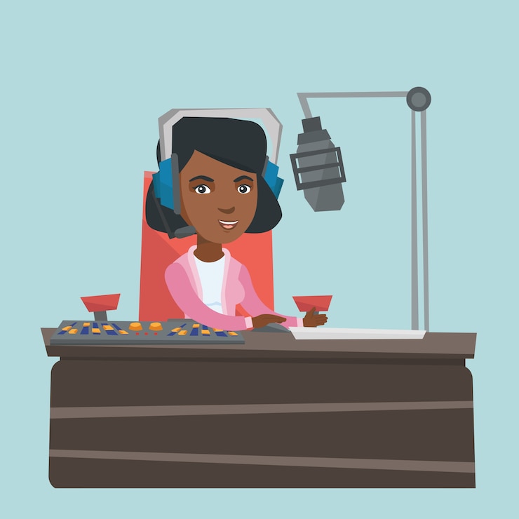 Vector young female african-american dj working on radio.