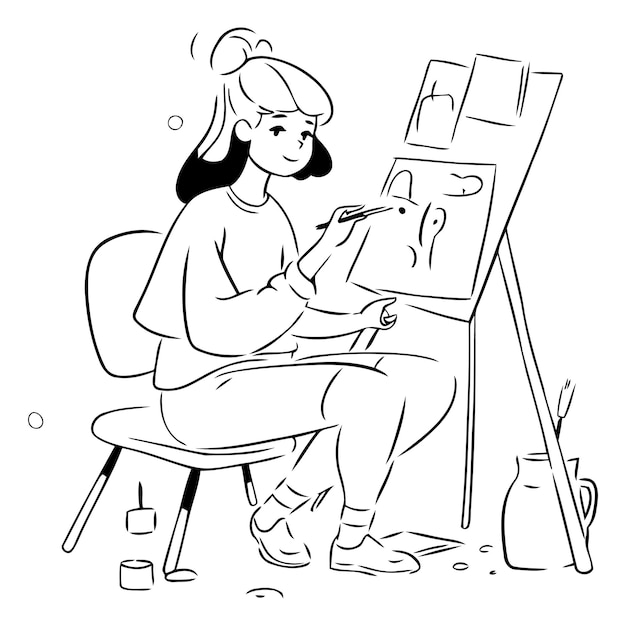 Vector young female artist painting picture on easel girl drawing in art studio