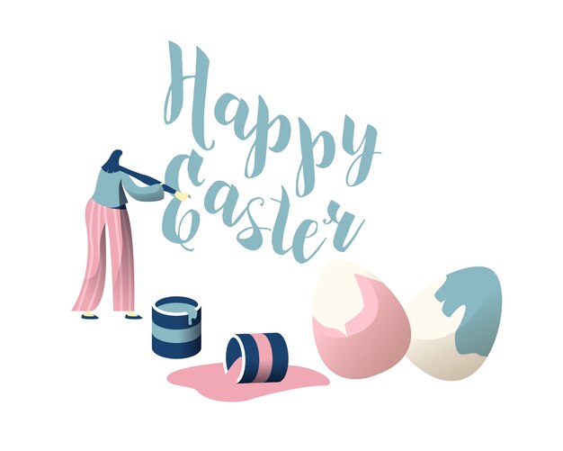 Vector young female character decorate wall with brush, painting egg happy easter colorful poster. traditional religious spring holiday concept. design card with lettering. flat cartoon vector illustration