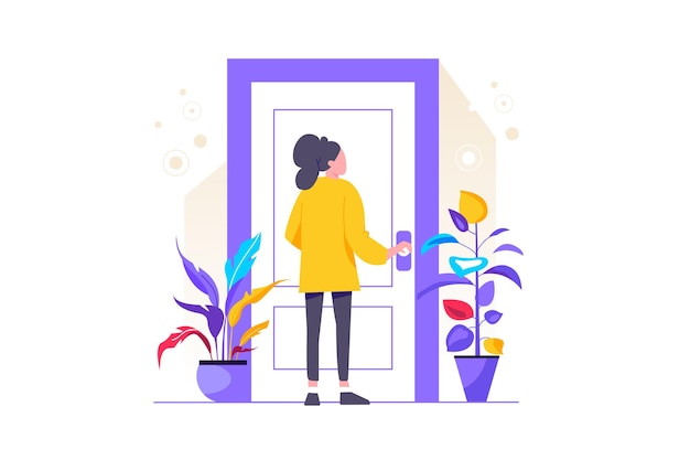 Vector young female character holding a door knob. entering the building. flat editable vector illustration