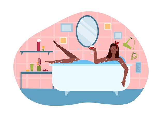 Vector young female character is enjoing time spent in bath with a drink concept of selfcare time and